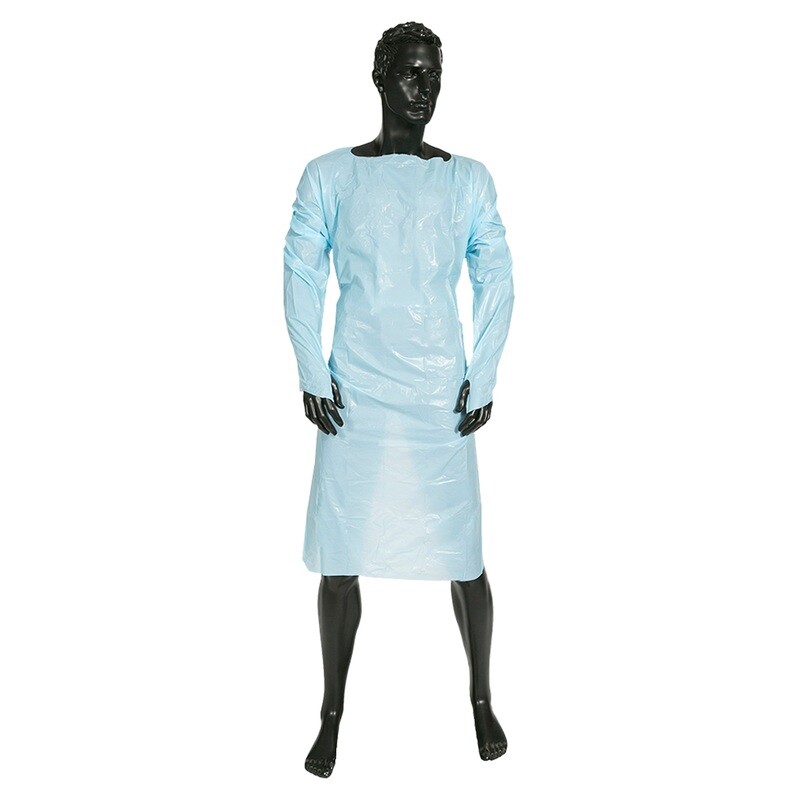 ULTRA HEALTH CLINICAL GOWN PE IMPERVIOUS THUMB HOOKS BLUE - DISPENSER BOX