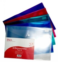 DOCUMENT WALLET STAT A4 PP W/BUTTON ASST PK10
