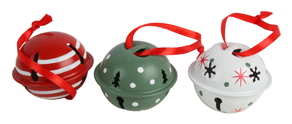 DECO HANGING XMAS 4X4CM BELLS IN PVC BOX PK3 RED GREEN WHITE