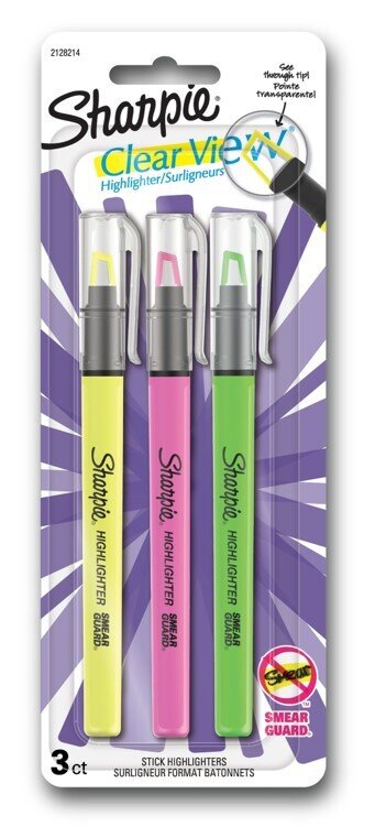 SP- HIGHLIGHTER SHARPIE CLEARVIEW SLIM YELLOW PINK GREEN PK3