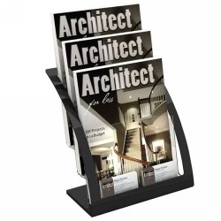 SP- BROCHURE HOLDER DEFLECTO A4 3 POCKET 3 TIER CURVED BLACK