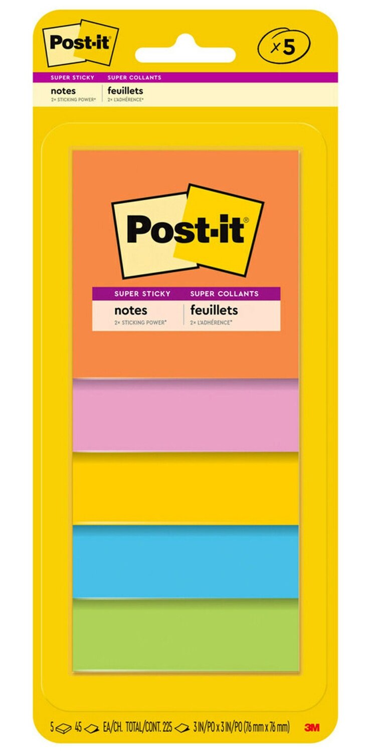 NOTES SUPER STICKY POST-IT 76X76MM 3321-5SSAU ASST PK5
