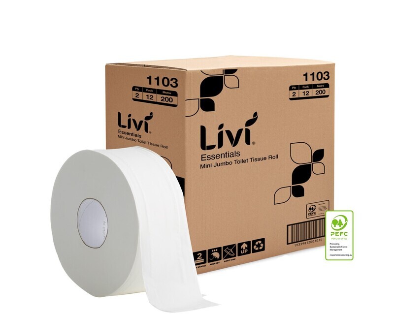 TOILET PAPER ROLL LIVI ESSENTIALS 200M MINI JUMBO EMBOSSED 2PLY