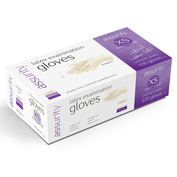 Assurity Latex Examination Gloves Extra Small Powder Free Non-Sterile x 1000 pcs