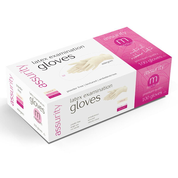 Assurity Latex Examination Gloves Medium Powder Free Non-Sterile x 1000 pcs