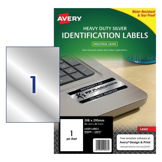 SP- LABEL AVERY LASER L6013 SILVER H/DUTY 295X208MM 1UP PK20