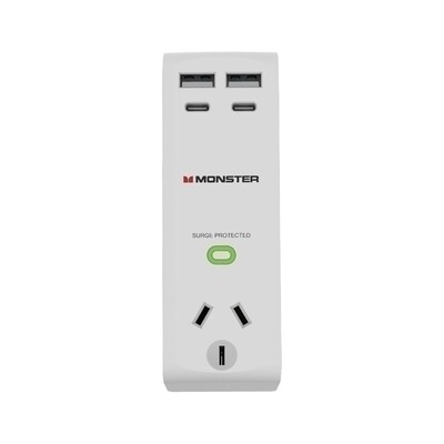 Monster Single Socket Surge Protector with USB-C & USB-A Ports - White