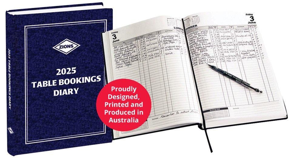 TABLE BOOKINGS DIARY 2025 ZIONS A4 2PTD TABLE BOOKING AUST MADE BLUE