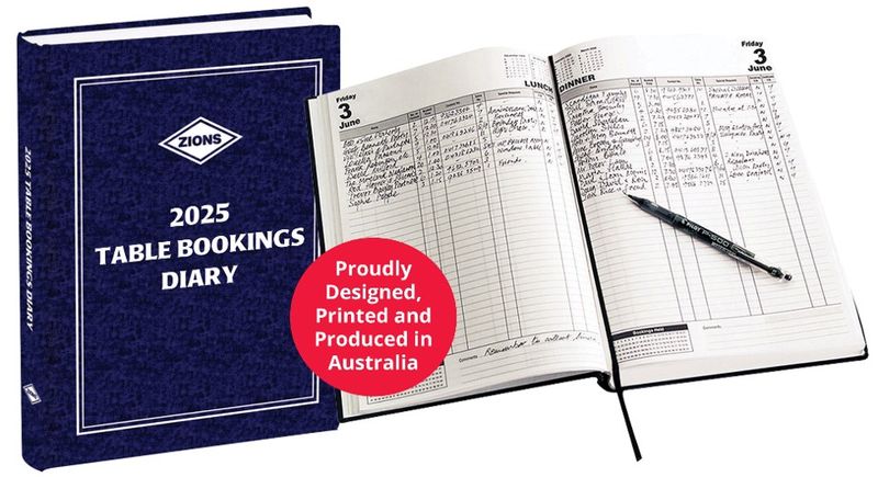 TABLE BOOKINGS DIARY 2025 ZIONS A4 2PTD TABLE BOOKING AUST MADE BLUE