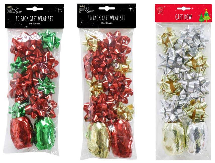RIBBON AND BOWS XMAS 10 PIECES 10M RIBBON 70MM & 50MM BOWS 4 ASST