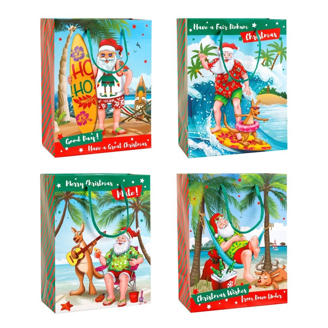 GIFT BAG XMAS 180X229X98MM AUSSIE SANTA MEDIUM 4 ASST