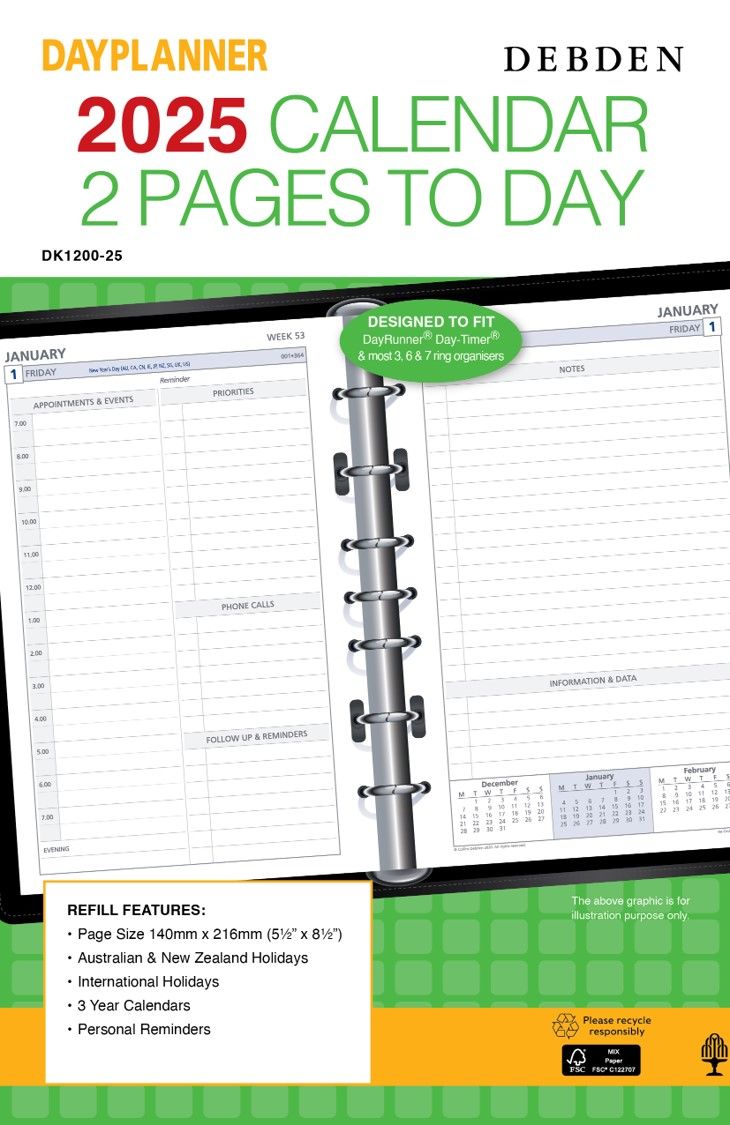 REFILL 2025 DEBDEN DAYPLANNER 140X216MM DK1200 DESK 7 RING 2PTD