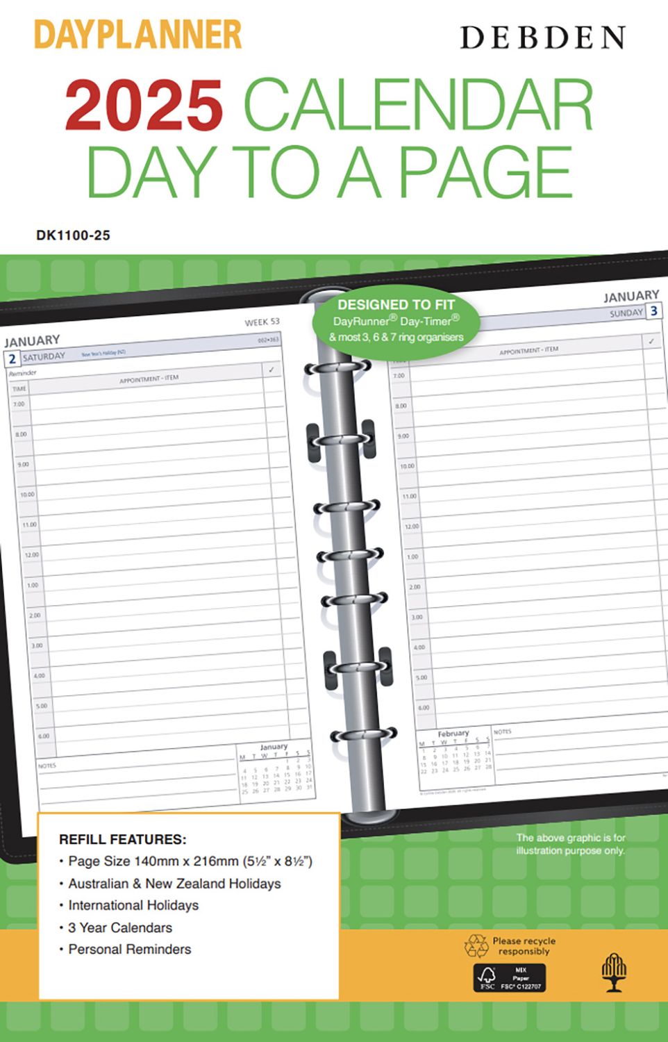 REFILL 2025 DEBDEN DAYPLANNER 140X216MM DK1100 DESK 7 RING 1DTP