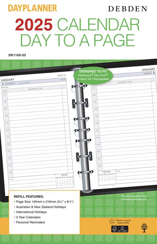 REFILL 2025 DEBDEN DAYPLANNER 140X216MM DK1100 DESK 7 RING 1DTP