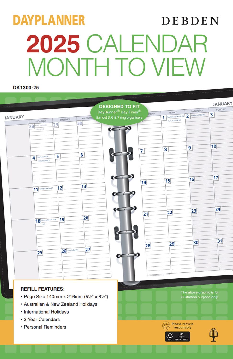 REFILL 2025 DEBDEN DAYPLANNER 140X216MM DK1300 DESK 7 RING MTV
