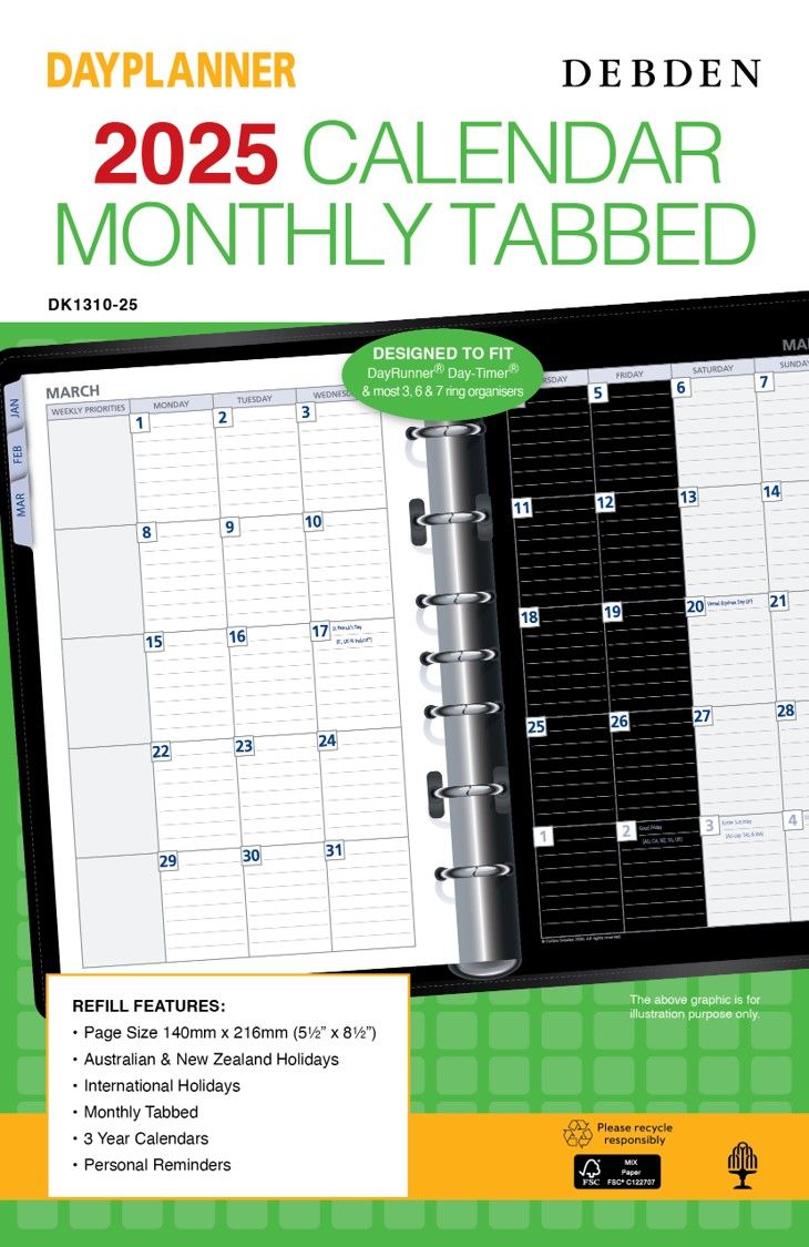 REFILL 2025 DEBDEN DAYPLANNER 140X216MM DK1310 DESK 7 RING MTV W/TABS