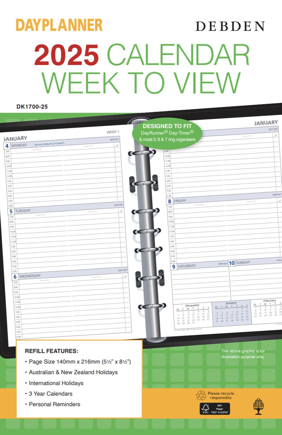 REFILL 2025 DEBDEN DAYPLANNER 140X216MM DK1700 DESK 7 RING WTV