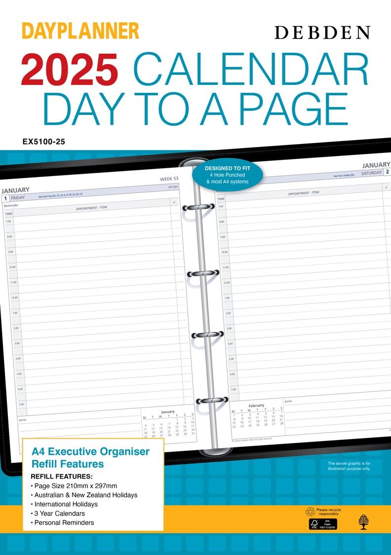REFILL 2025 DEBDEN DAYPLANNER A4 EX5100 EXECUTIVE 4 RING 1DTP