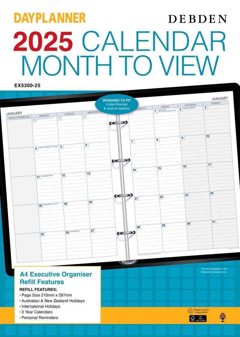 REFILL 2025 DEBDEN DAYPLANNER A4 EX5300 EXECUTIVE 4 RING MTV