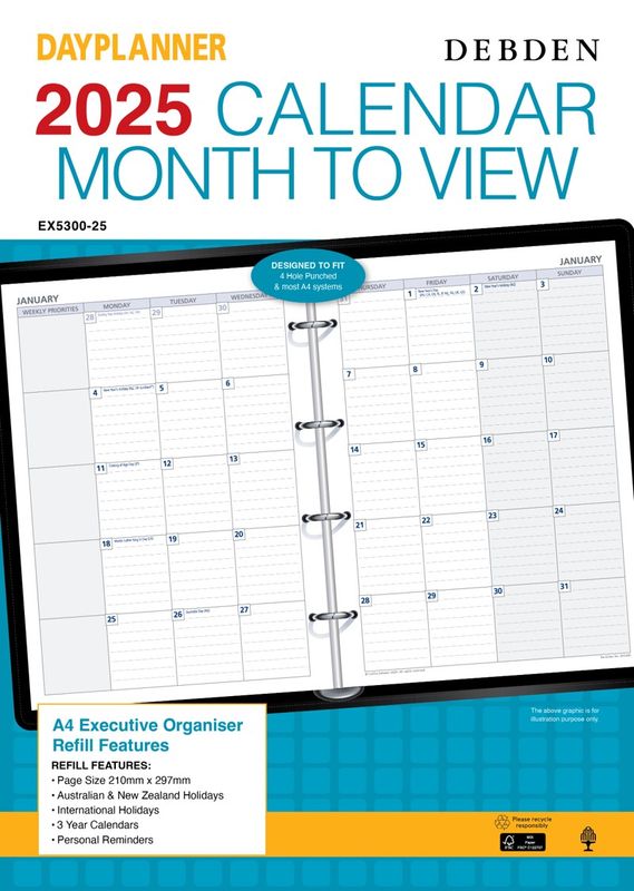 REFILL 2025 DEBDEN DAYPLANNER A4 EX5300 EXECUTIVE 4 RING MTV