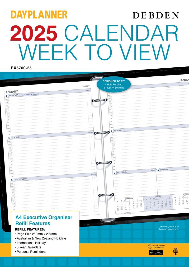 REFILL 2025 DEBDEN DAYPLANNER A4 EX5700 EXECUTIVE 4 RING WTV