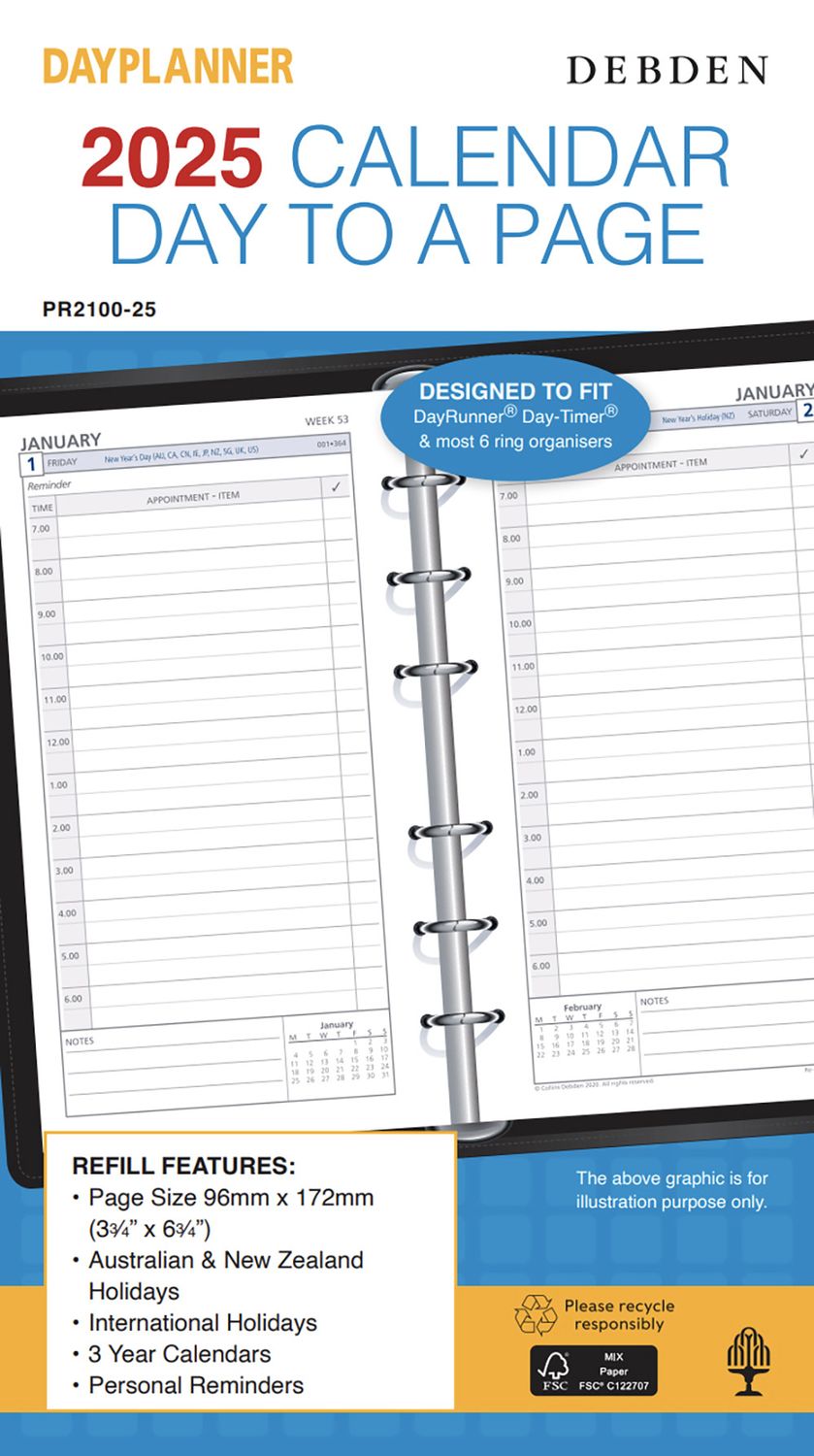 REFILL 2025 DEBDEN DAYPLANNER 96X172MM PR2100 PERSONAL 6 RING 1DTP