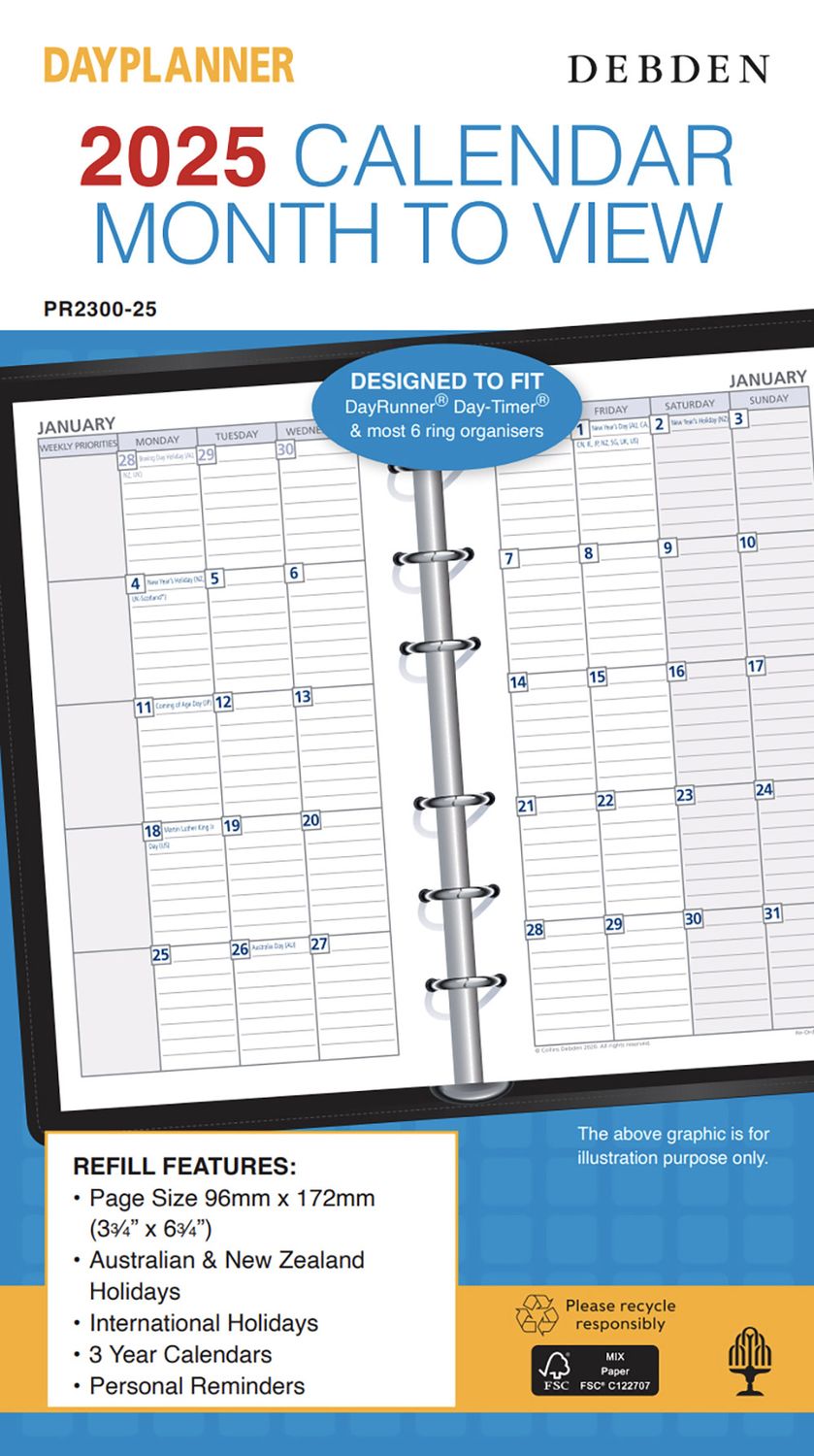 REFILL 2025 DEBDEN DAYPLANNER 96X172MM PR2300 PERSONAL 6 RING MTV