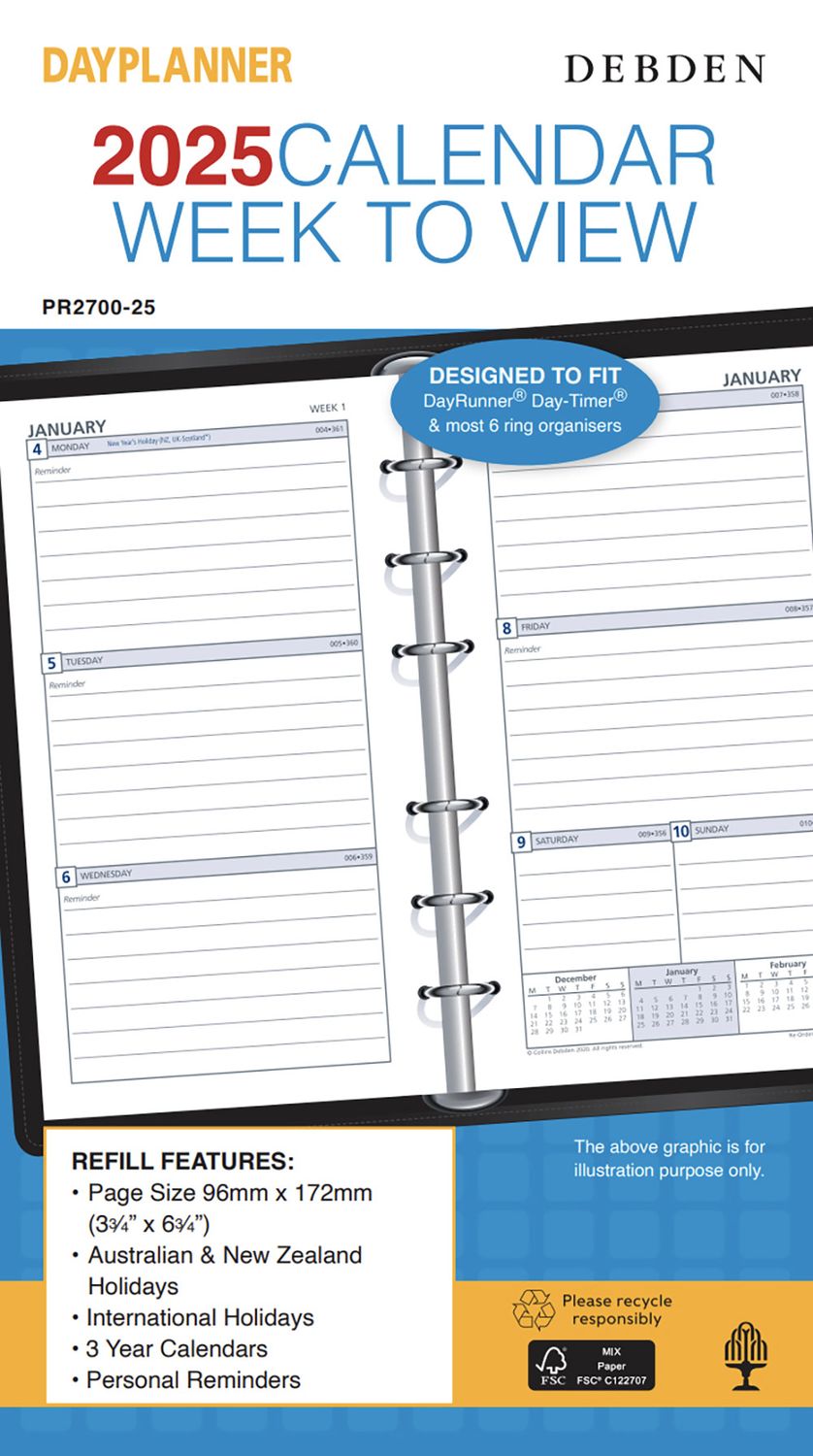 REFILL 2025 DEBDEN DAYPLANNER 96X172MM PR2700 PERSONAL 6 RING WTV