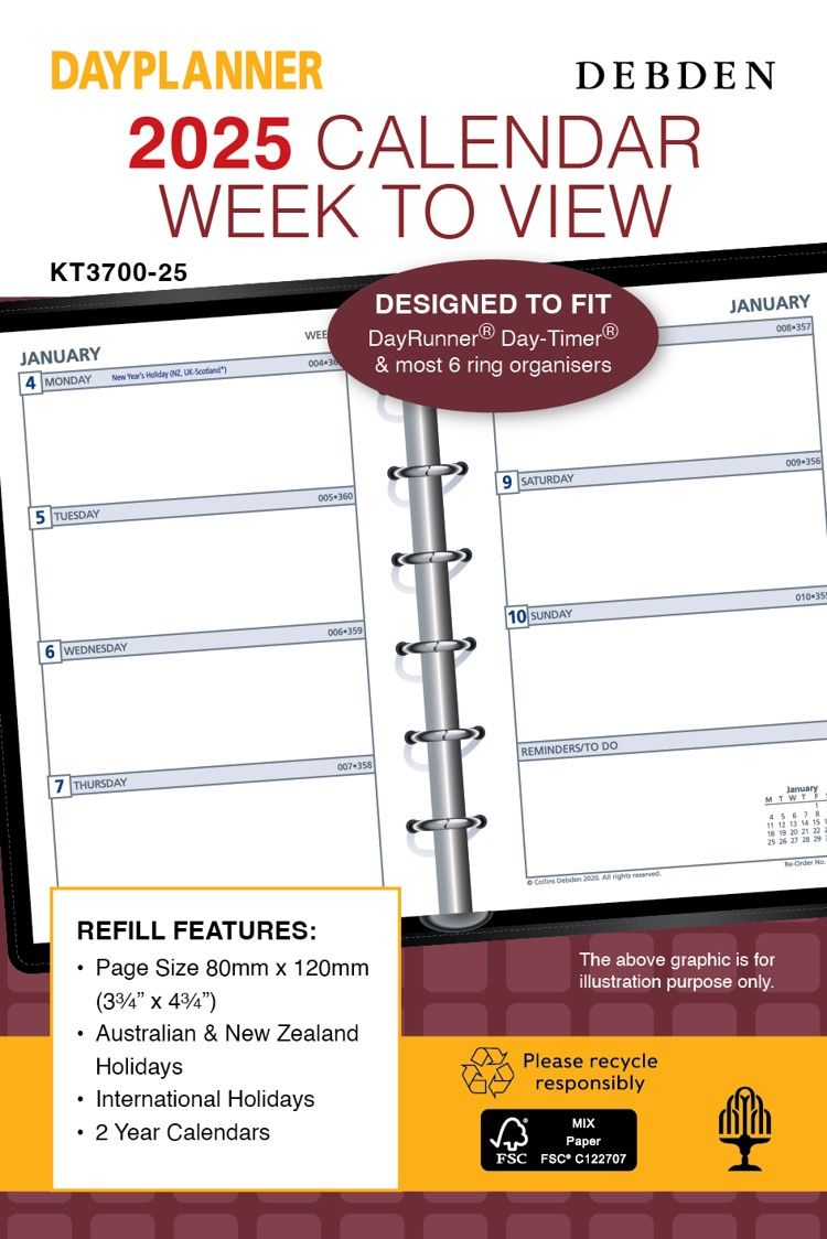 REFILL 2025 DEBDEN DAYPLANNER 80X120MM KT3700 POCKET 6 RING WTV
