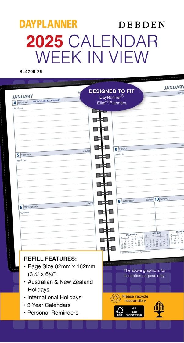 REFILL 2025 DEBDEN DAYPLANNER 82X162MM DP SLIMLINE WTV REFILL FSC70%