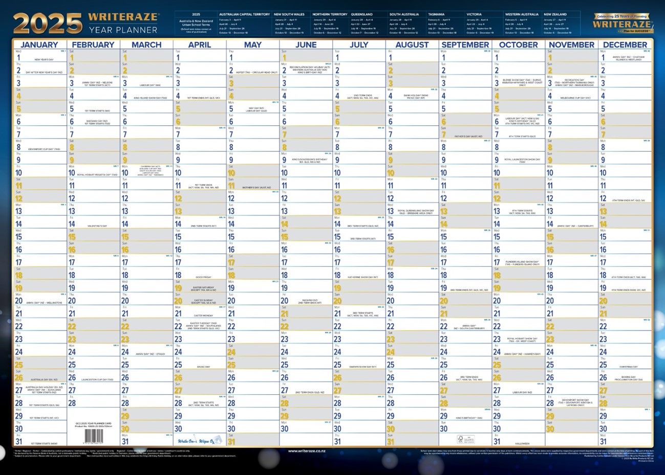 PLANNER 2025 WRITERAZE 500X700MM QC2 10600 LAMINATED