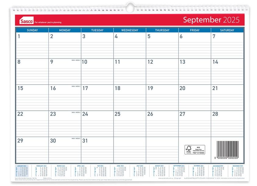 CALENDAR 2025 SASCO 530X395MM MTV