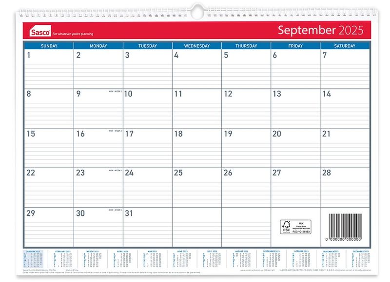 CALENDAR 2025 SASCO 530X395MM MTV