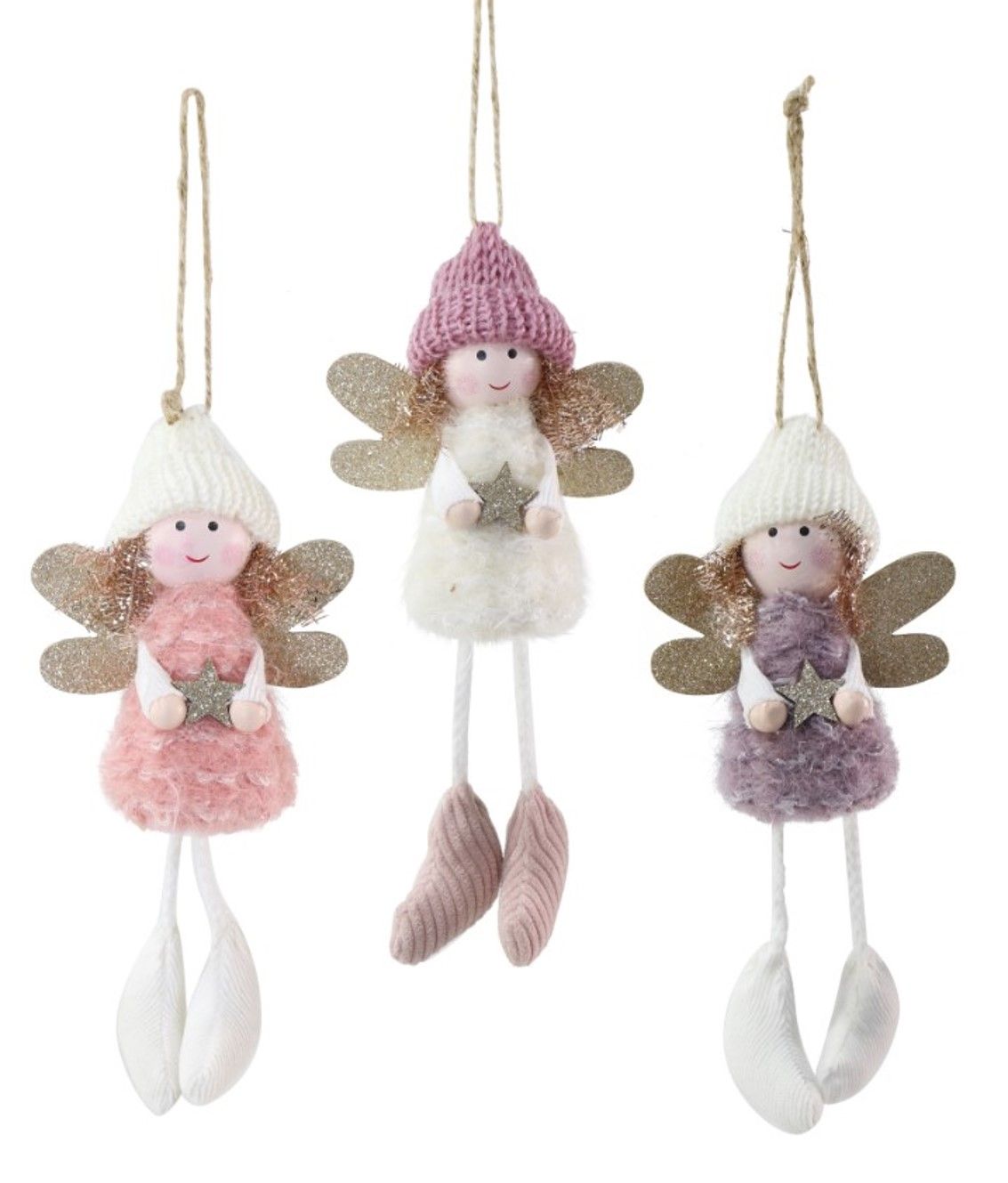 DECO HANGING XMAS 19CM HANGING FAIRY WOOLLY DRESS ASST