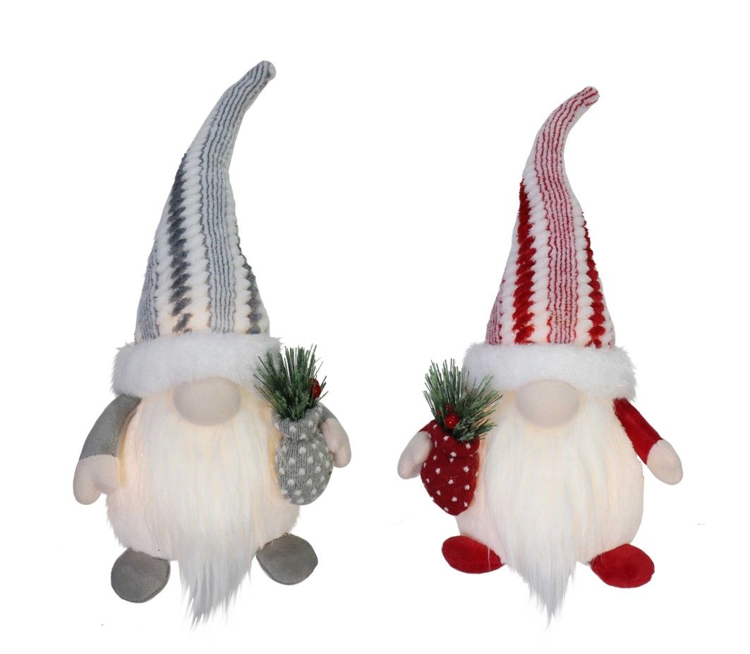 ORNAMENT XMAS 48CM LIGHT UP GNOME WITH SACK ASST