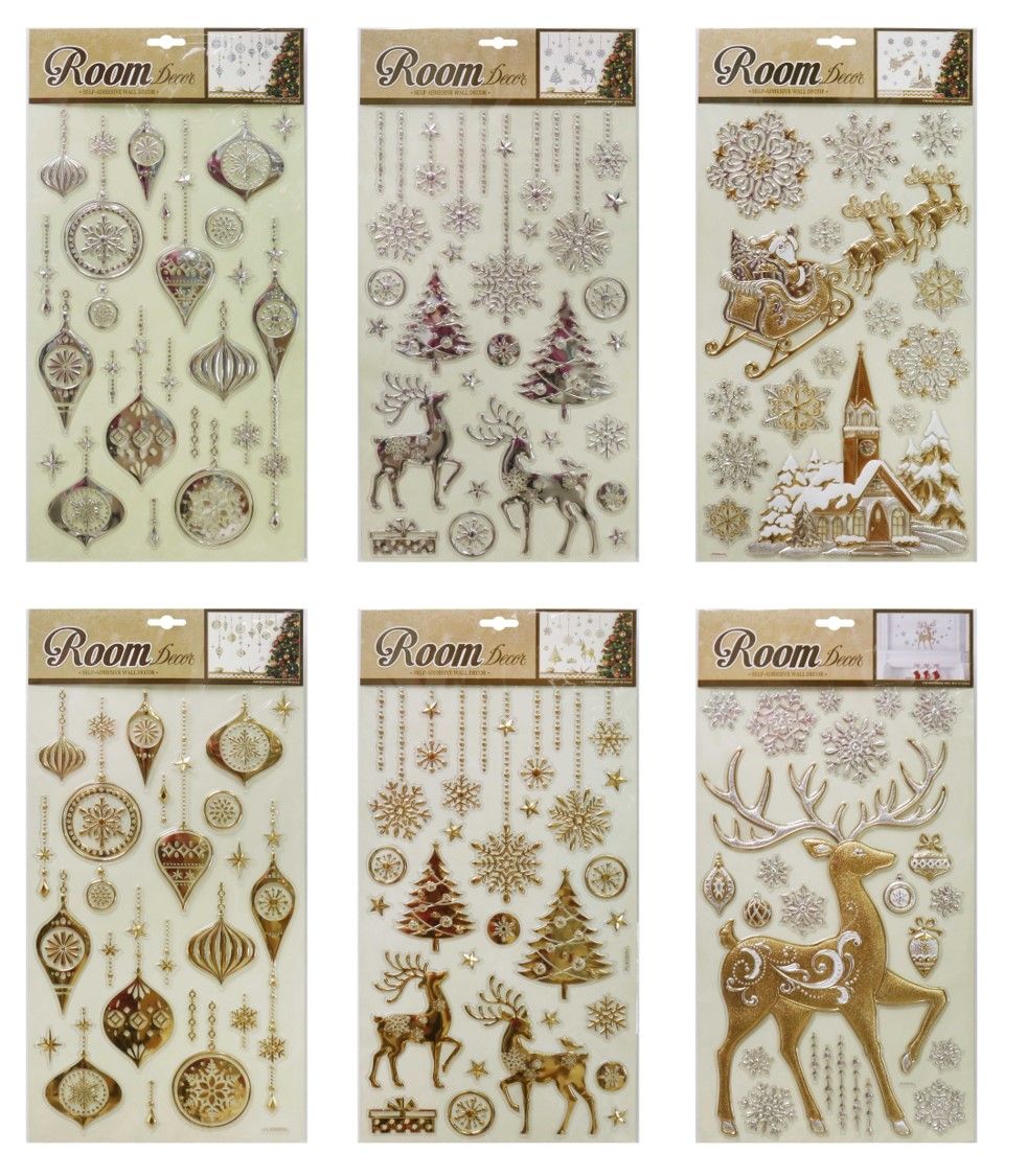 XMAS STICKERS 24X41CM LARGE WALL METALLIC PUFFY ASST