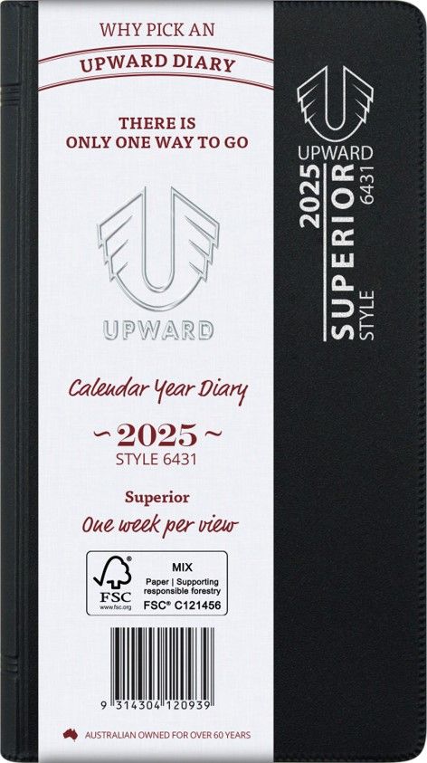 DIARY 2025 UPWARD 148X74MM 6431 PKT SUPERIOR PVC COVER WIRE-O WTV BLACK