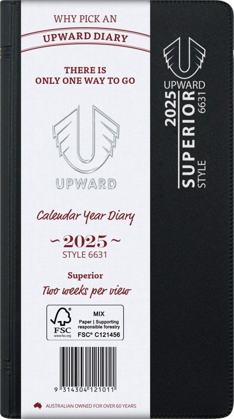 DIARY 2025 UPWARD 148X74MM 6631 PKT SUPERIOR PVC COVER WIRE-O 2WTV BLACK