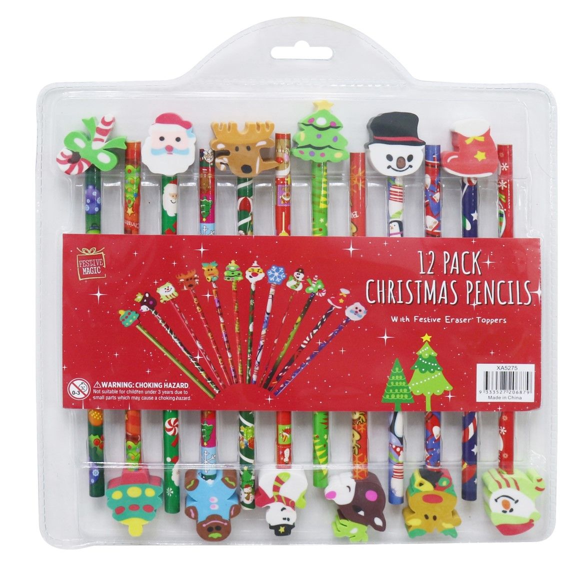 PENCILS XMAS WITH ERASER TOPPERS PK12