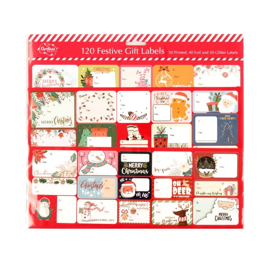 GIFT TAGS XMAS SELF ADHESIVE FOIL GLITTER 120PK