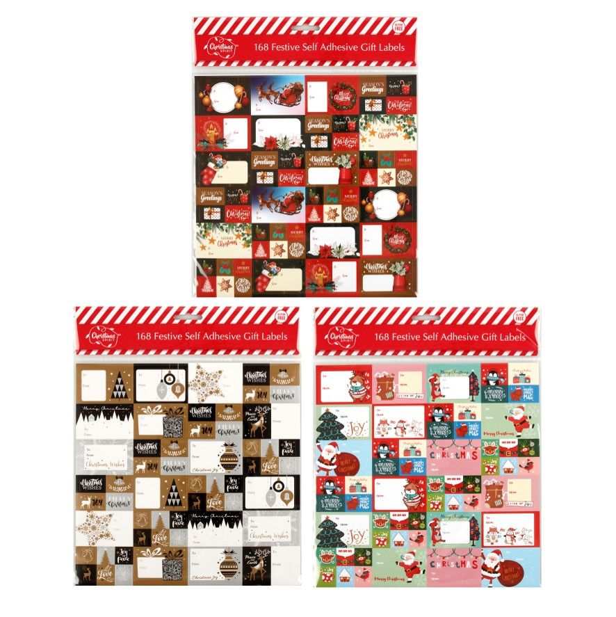 GIFT TAGS XMAS SELF ADHESIVE 168PK 3 ASST