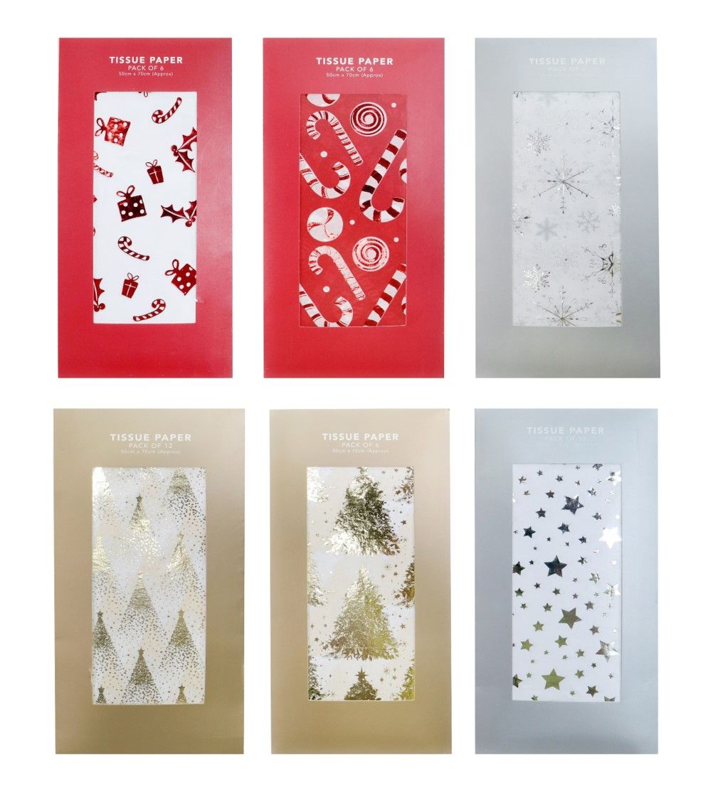 TISSUE PAPER XMAS 50X75CM FOIL 6PK ASST