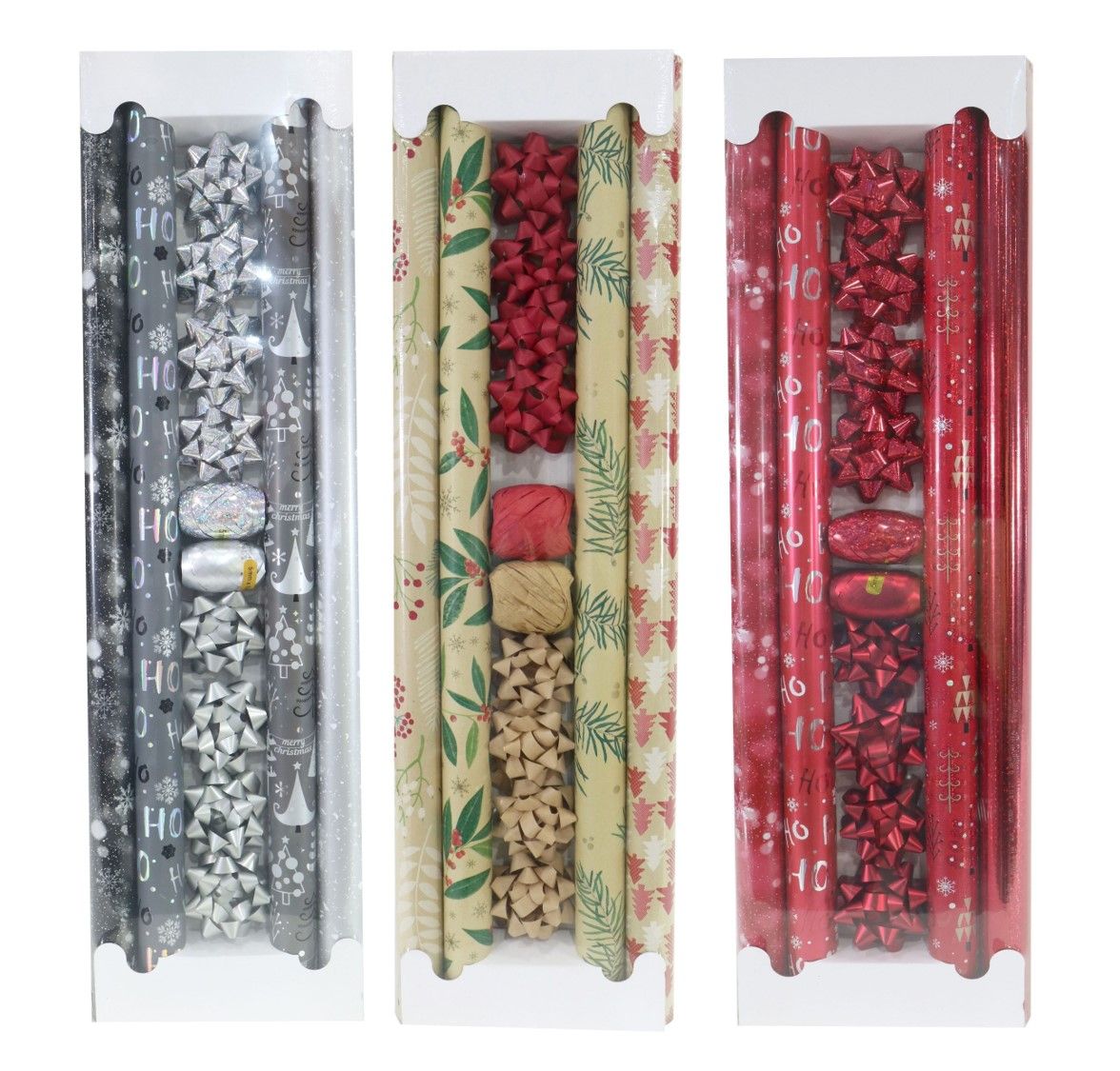 GIFT WRAP XMAS 14PCE SET INCL WRAP RIBBON & BOW 3 ASST