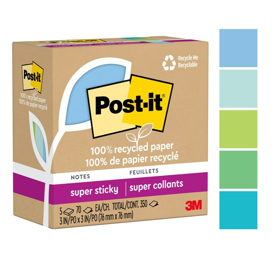NOTES SUPER STICKY POST-IT 76X76 654R-5SST RECYCLED OASIS 5 PADS