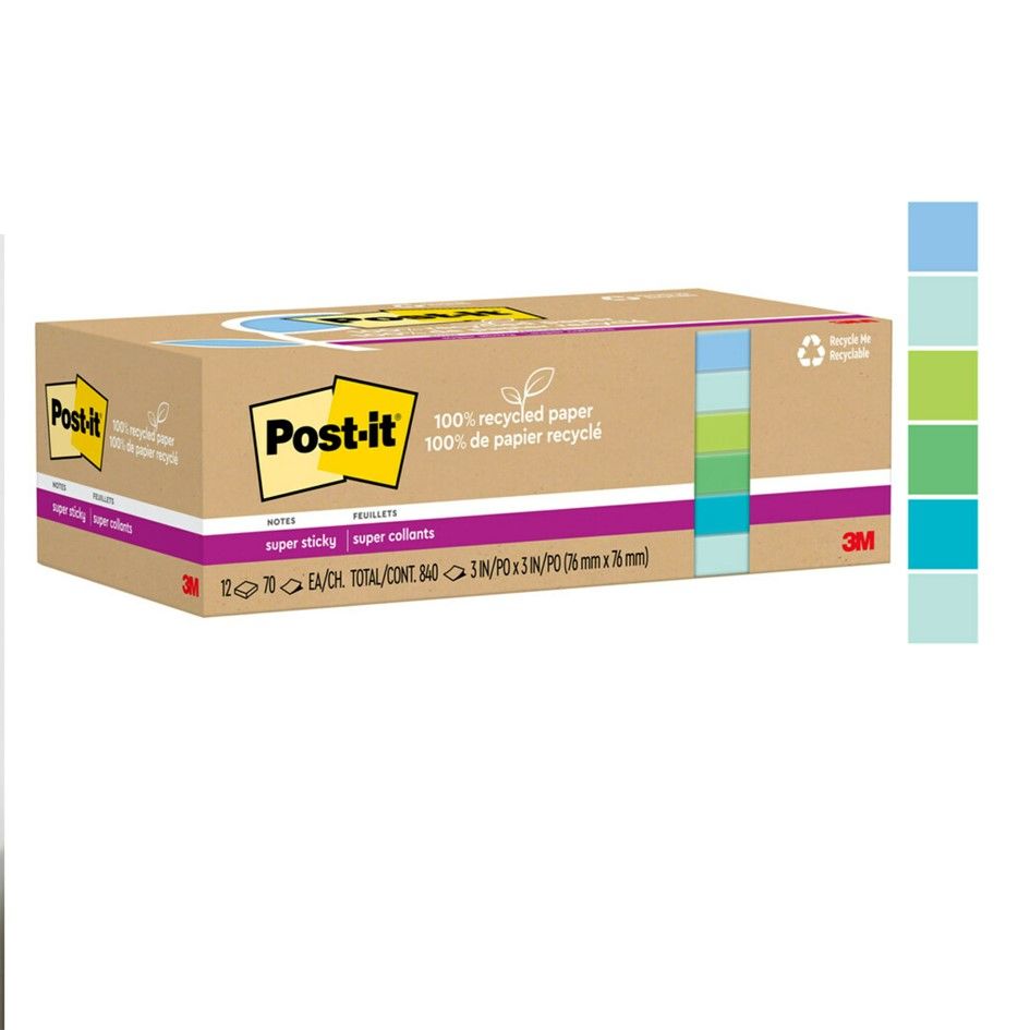 NOTES SUPER STICKY POST-IT 76X76 654R-12SST RECYCLED OASIS 12 PADS