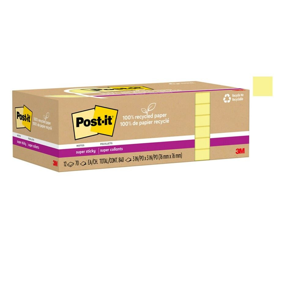 NOTES SUPER STICKY POST-IT 76X76 654R-12SSCY RECYCLED YELLOW 12 PADS