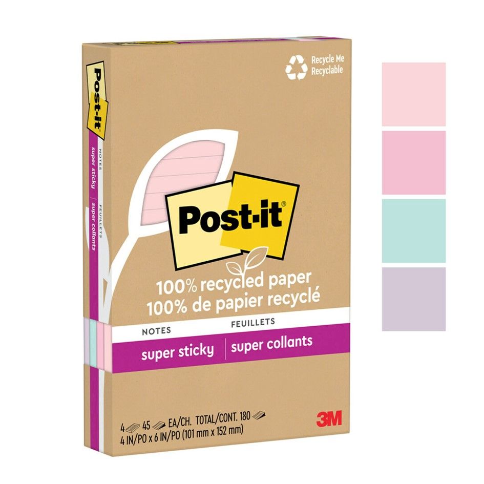 NOTES SUPER STICKY POST-IT 101X152 4621R-4SSNRP RECY LINED WANDERLUST 4 PAD
