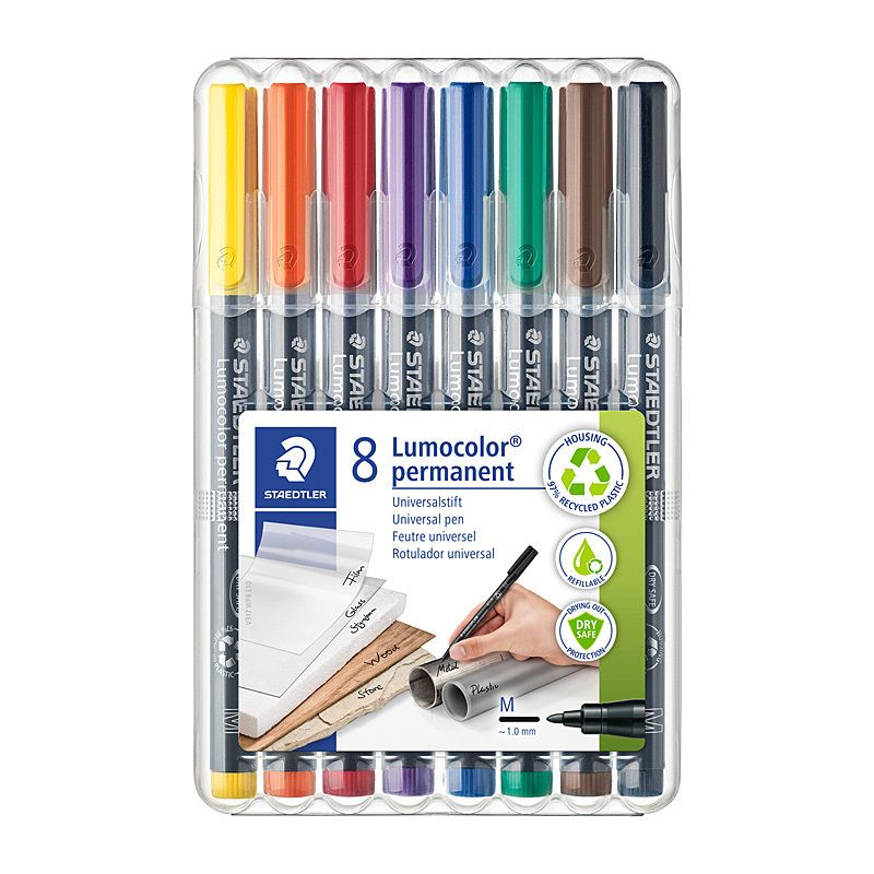 Staedtler Lumocolour 1mm Medium Permanent Pens - Box of 8 - Assorted Colours