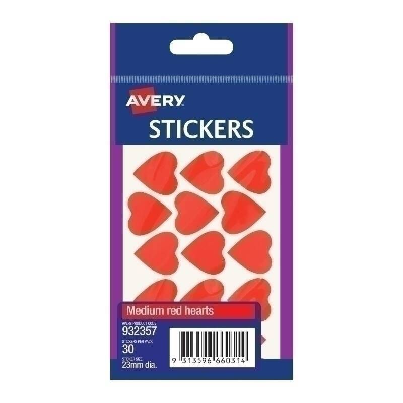 Avery 23mm Red Heart Stickers 30-Pack - Box of 10