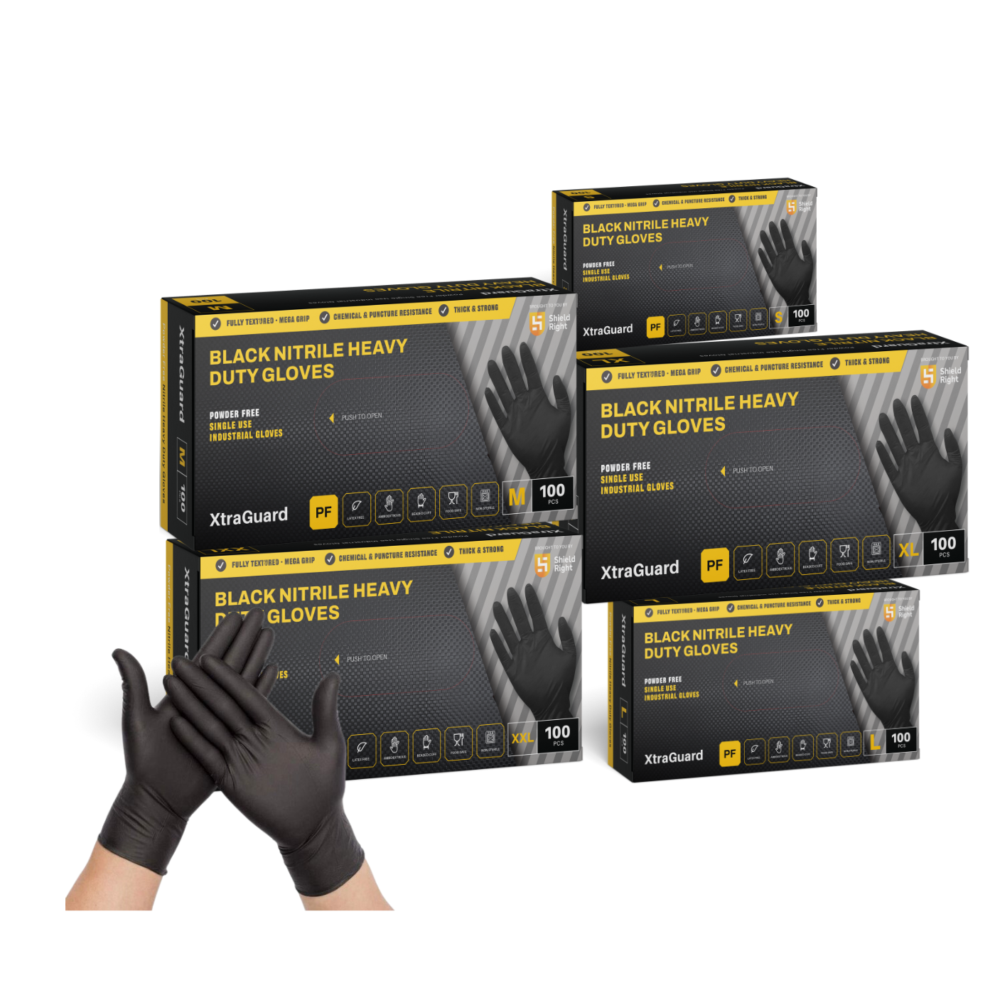 Shield Right Black Nitrile XtraGuard Disposable Gloves Heavy Duty 100 Gloves x 10 Carton